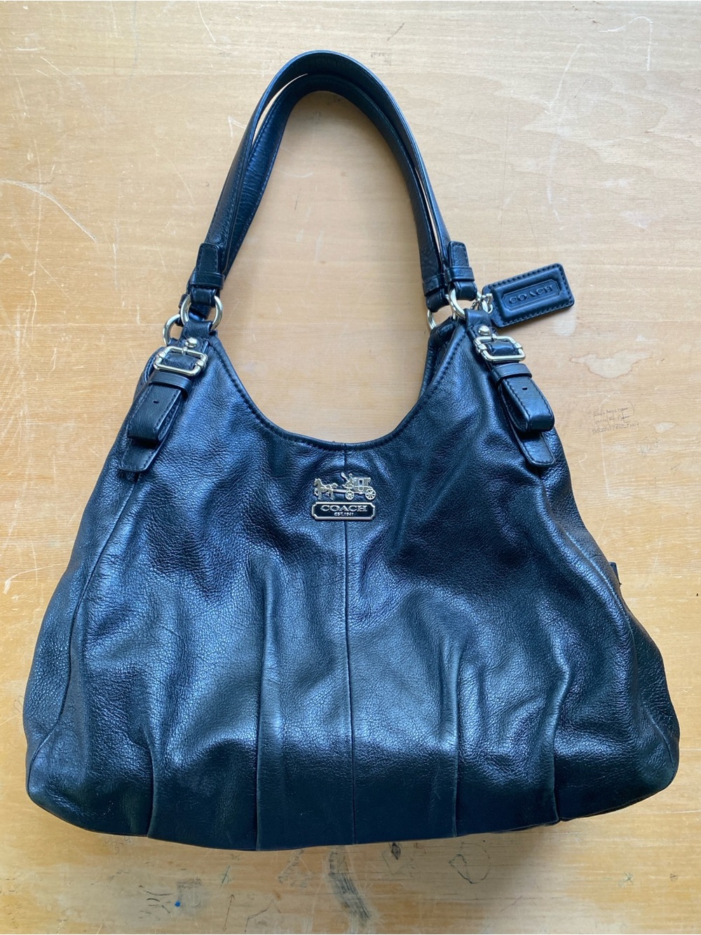 Coach Madison Maggie Leather Shoulder Bag in black with silver-tone hardware
